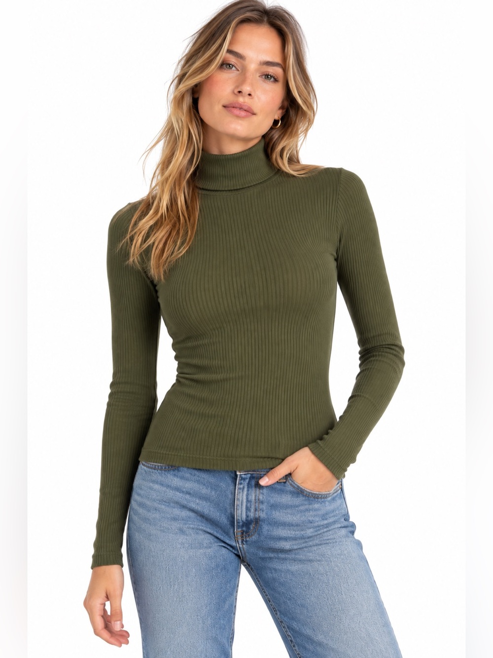 Reformation Nell Ribbed Turtleneck Top Olive Green Long Sleeve Size Small